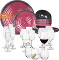 Produktbild: Melamin Camping Geschirr Set 4 Personen Stone Red + 16 Tiamo Gläser Wassergläser Weingläser Champagner-Gläser Flûtes Tafelgeschirr Picknick BBQ Kochgeschirr