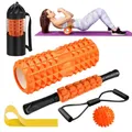 Produktbild: Faszienrolle, Qveetry Foam Roller Faszienrolle Sets mit Massageroller Stab, Widerstandsbänder Krafttraining, Massageball, Fitnessbänder, 33cm Schaumstoffrolle für Yoga Pilates, mit Poster (Orange)