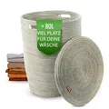 Produktbild: YAADU Wäschekorb mit Deckel 80L – Großer Wäschesammler mit Deckel, Geflochtene Wäschetonne, Boho Wäschekorb mit Henkeln, Wäschebehälter für Schmutzwäsche, Modell Mazama (Weiß-Flach)