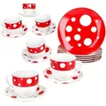Produktbild: 18tlg Kaffeeservice Pula rot Porzellan 6 Pers. Tassen Untertassen Teller Punkte