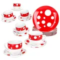 Produktbild: 18tlg Kaffeeservice Pula rot Porzellan 6 Pers. Tassen Untertassen Teller Punkte