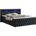 Produktbild: Juskys Boxspringbett Leona Samt 180x200 cm in Schwarz – mit LEDs, Topper & Federkern-Matratzen - Schwarz