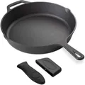 Produktbild: Navaris Gusseisenpfanne - 30cm Eingebrannte Pfanne Gusseisen Induktion - Emailliert - Cast Iron Pan, Gusspfanne, Grillpfanne Gusseisen, Steakpfanne mit Zwei Ausgießer, Ofenfest
