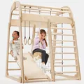 Produktbild: Holz Klettergerüst für Kinder Indoor & Outdoor, Montessori, Schaukel, Kletterwand, Kletterseil und Strickleiter – für Kinder von 3 bis 8 Jahren