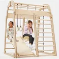 Produktbild: Holz Klettergerüst Für Kinder Indoor & Outdoor, Montessori, Schaukel, Kletterwand, Kletterseil Und Strickleiter – Für Kinder Von 3 Bis 8 Jahren