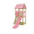 Produktbild: Wickey Spielturm DinkyHouse ohne Schaukelanbau - pastellpinke Rutsche & Plane - Kinder Kletterturm für den Garten aus Massivholz - 219x114x247 cm