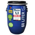 Produktbild: plasteo® 60 L Weithalsfass mit Spannverschluss | Lebensmittelecht | Universalfass | Futtertonne | Regen Maische Tierfutter Trinkwasser Camping Lagerfass | Stapelbar | Blau