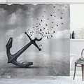 Produktbild: ABAKUHAUS Anker Duschvorhang, Flugwesenseemöwen Dunkelgrau, Stoffliches Gewebe Badezimmerdekorationsset mit Haken, 175 x 180 cm, Dunkelgrau