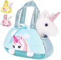 Produktbild: BRUBAKER Einhorn Tasche Weiß - 20 cm - Plüschtier in Handtasche - Plüsch Stofftier Kuscheltier - Mint Blau