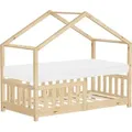 Produktbild: ML-Design Kinderbett Hausbett 70x140 cm Natur mit Matratze H:10cm, Rausfallschutz Lattenrost und Dach, Spielbett aus massivem Kiefernholz Bodenbett - Naturbelassen