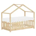Produktbild: ML-Design Kinderbett Hausbett 70x140 cm Natur mit Matratze, Holzbett mit Rausfallschutz, Lattenrost, Dach, Spielbett aus Kiefernholz für Kinder, Montessori Bodenbett Bettgestell Bettenhaus Juniorbett