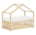 Produktbild: ML-DESIGN Spielbett Hausbett Kinderbett inkl. Lattenrost & Rausfallschutz Kinder Bodenbett, Abenteuerbett 70x140cm mit Matratze Himmelbett Kiefer Jugendbett Natur