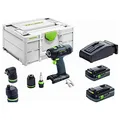 Produktbild: Festool Akku-Bohrschrauber T 18+3 HPC 4,0 I-Set (mit Akkupacks, Schnellladegerät, Werkzeugfutter, Magnet-Bithalter, Schnellspannbohrfutter, Winkelvorsatz, Exzentervorsatz, Gürtelclip), im Systainer