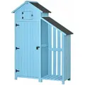 Produktbild: Gartenhaus Gerätehaus Geräteschuppen mit Brennholzlagerraum Geräteschuppen mit 3 Ablagen Asphaltdach Tannenholz Himmelblau 130 x 54,5 x 180 cm