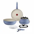 Produktbild: Tefal Ingenio Serenity Kochgeschirr-Set 11-teilig – stapelbar und platzsparendes Set aus Aluminium, Mineralia Antihaftversiegelung, abnehmbarer Griff, für alle Herdarten inkl. Induktion, Blue Salt