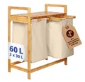 Produktbild: Lumaland Ausziehwäschekorb Bambus mit 2 ausziehbaren Wäschesäcken 73x64x33cm, Wäschesammler mit Deckel, Pflegeleichtes Material,  leicht abwischbar