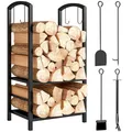 Produktbild: Outsunny Kaminholzregal 5-teiliges Set Kaminholzständer mit 4 Kaminwerkzeug 2 Ebenen Metall Feuerholzablage Brennholzregal Innen Aussen für Kamin & Ofen 40 x 30 x 74,5 cm Schwarz