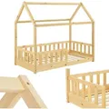 Produktbild: Juskys - Kinderbett Marli 80 X 160 Cm Mit Rausfallschutz, Lattenrost Und Dach - Hausbett Für Kinder Aus Massivholz - Bett In Natur