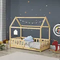 Produktbild: Juskys® Kinderbett Marli 80 x 160 cm mit Rausfallschutz, Lattenrost und Dach - Hausbett für Kinder aus Massivholz - Bett in Natur