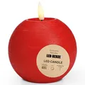 Produktbild: LED Kerze Kugel aus Echtwachs mit Timerfunktion & Fernbedienung - Kerze realistisch flackernde Flamme warmweiß Ø 10 x 9 cm - Elektrische Wachskerze in Rot als gemütliche Tischdeko