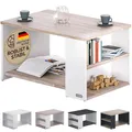 Produktbild: Casaria® Couchtisch Holz Weiß Eiche mit Stauraum 2 Fächer Wohnzimmertisch 90x60x50cm Kratzfest 50kg Belastbar Eckig Ablage Beistelltisch Sofa Couch