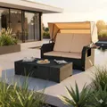Produktbild: Mucola Strandkorb Polyrattan mit Dach Schwarz/Beige – 2-Sitzer Sonnenbett wetterfest, verstellbare Rückenlehne & Fußbank, klappbarer Tisch, UV-beständige Kissen, Gartenliege Balkon Lounge Relaxliege