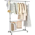 Produktbild: Kleiderständer Garderobenständer 2 Kleiderstange Rollen 113-198cm Metall LLR401