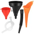 Produktbild: 3 Stück Einfülltrichter Set, rechtwinkliges flexibles Kunststoff Trichter Set, Universal Auto Benzin Kraftstoff Trichter mit abnehmbarem Auslauf und langen Trichtern (Rot/Orange/Schwarz-3 Stück)