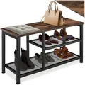Produktbild: tectake 800949 Schuhregal schmal mit Sitzfläche, Schuhbank aus Holz und Metall, Industrie-Design, 3 Ebenen mit 2 Gitterablagen, 80 x 30 x 45,5 cm, schwarzes Metallgestell (Dunkelbraun | Nr. 404281)