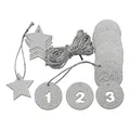 Produktbild: Frau WunderVoll 24 gestanzte Adventskalenderzahlen -Silber - aus stabilem Silber Papier inkl. 8 Meter Schnur + 6 Stern Anhänger/Weihnachtsanhänger/Weihnachtskalender/Adventskalender Anhänger