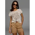 Produktbild: T-Shirt LAURA SCOTT, Damen, Gr. 32/34, beige, Web, Obermaterial: 100% Polyester, bedruckt, figurumspielend hüftlang, U-Boot-Ausschnitt, Shirts T-Shirt, mit Glitzerdurck