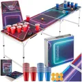 Produktbild: tectake® Bierpong Tisch mit Party Deko LED Beleuchtung, Tisch höhenverstellbar, Klapptisch, Set mit Zubehör, Beerpong Table, 100x Plastikbecher, 6X Bälle und Trinkspiel Kartenspiel