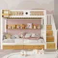 Produktbild: Flieks Etagenbett 90x200cm mit Rausfallschutz, Kinderbett mit 2 Schubladen und Tafel, Hochbett mit Treppe und Regal, Stockbett mit Lattenrost, Weiß - Weiß