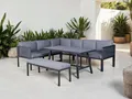 Produktbild: KONIFERA Gartenlounge-Set Ecklounge »Edessa«, (Set, 14-tlg., 2x 3er Sofa, Tisch 70x140x69 cm, 1 Sitzbank, inkl. Auflagen), Armlehne mit Seilgeflecht und Nonwood-Latten
