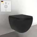 Produktbild: Alpenberger Hänge WC Spülrandlos in Matt Schwarz | Gäste WC Kloschüssel Keramik Toiletten | WC-Sitze Softclose Toilettensitz | Toilettenschüssel mit Schallschutz | Wand WC Set Passend Geberit