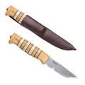 Produktbild: Helle Norway Unisex Outdoormesser Dreilagenstahl Rostfrei Drop Point Masurische Birke Horn-einlagen Braune Köcher-lederscheide Messer, Blau, M EU