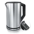 Produktbild: Arendo - Edelstahl Wasserkocher mit Temperatureinstellung 40-100 Grad in 5er Schritten - Doppelwand Design - Modell ELEGANT - 1,5 Liter - 2200 W - Teekocher mit Temperaturanzeige - GS - SIlber