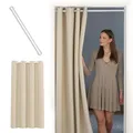 Produktbild: tinycurtains, Thermo Türvorhang mit Teleskopstange, einfache Montage in nur 1 Minute ohne Bohren (Türgardine beige H195 x B150 cm + Stange weiß B55-90 cm)