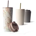 Produktbild: MAMEIDO Thermobecher mit Strohhalm 700 ml, Trinkbecher mit Deckel und Strohhalm aus Edelstahl doppelwandig isoliert, auslaufsicher, Coffee to go Becher (Pearl Marble)