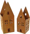 Produktbild: 2 Teelichthalter Haus aus Metall in Rost-Optik mit Windlicht-Glas, Kerzenhalter, Windlicht, Tischdeko für Wohnzimmer, Balkon & Garten