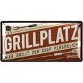 Produktbild: LANOLU Retro Blechschilder Grillen - GRILLPLATZ - BBQ Grill Retro Deko - Grillplatz Schild Garten - Geschenk für Papas Grillecke Schild - Chill Lounge Schilder, 17x34 cm