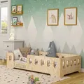 Produktbild: ACMA Kinderbett 140x70 cm MIKI L Holz Natur - Juniorbett aus Sperrholz mit Lattenrost, Montessori Bodenbett, Kinderzimmer Bett, stabiles Holzbett - Naturbelassen