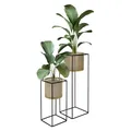 Produktbild: ML-Design Blumenständer 2er Set, Schwarz-Gold, 21x21x47/25x25x71 cm, aus Stahl, Blumentopfständer mit Übertopf, Metall Pflanzenständer, Blumentopfhalter 2-tlg, Pflanztopf Deko Blumensäule Blumenhocker