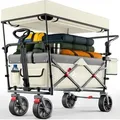 Produktbild: TRESKO® Bollerwagen Faltbar mit Dach Beige, Kühlfach & Seitenrollos Handwagen max. belastbar bis 150kg Transportwagen mit Vollgummireifen &