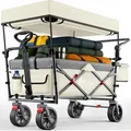 Produktbild: Tresko® Bollerwagen Faltbar Mit Dach Beige, Kühlfach & Seitenrollos  Handwagen Max. Belastbar Bis 150kg  Transportwagen Mit Vollgummireifen & Feststellbremsen (vorne & Hinten) Und 3-punkt-gurt