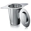 Produktbild: Arendo - Teesieb Edelstahl mit Doppelgriff und Multifunktionsdeckel – Teefilter feinmaschig – geeignet für Teekannen und Tassen – ideal für losen Tee, Teeblätter, Kaffee – SUS 304 Edelstahl - spülmas