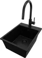 Produktbild: PRIMAGRAN Granitspüle Alles Schwarz 38x50cm, Spülbecken 1 Becken + Küchenarmatur 40x20cm + Ablauf-Set, Küchenspüle ab 40er Unterschrank - Riga