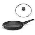 Produktbild: Hoffmann Germany Bratpfanne Aluguss Ø 26 cm mit Deckel – Made in Germany Pfanne, Aluguss (Set, 2-tlg., 1x Bratpfanne Ø 26 cm + 1x Glasdeckel), abnehmbarer Griff, backofenfest bis 250°C, Induktion, Antihaft schwarz Ø 26 cm