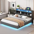 Produktbild: MODFU Polsterbett Doppelbett 160x200cm Jugendbett mit Stauraum,Bettgestell mit verdecktes Fußteil,USB-Steckdose und LED-Licht,Grau,mit Matratze