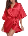 Produktbild: Kimono Robe Damen Morgenmantel Kurzer Satin Bademantel Mit Gürtel VAusschnitt...
